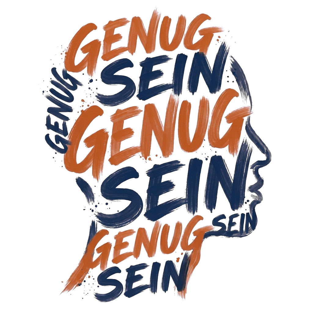 Genug sein. Kopf-Silhouette aus Pinselschrift, das Logo des Buches.
